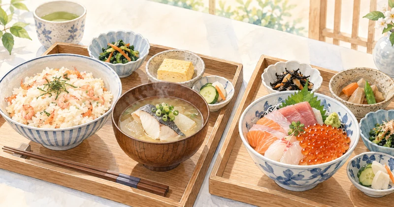 ドーミーイン富山と野乃の朝食比較をイメージした海鮮丼とエビご飯、魚の汁物