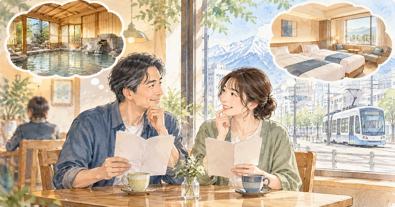 ドーミーイン富山と野乃の選び方を相談する夫婦と温泉、客室のイメージ