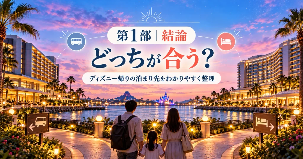 ハイアットとシェラトンはどちらがいい?ディズニー帰りの宿泊先を選ぶ家族のイメージ