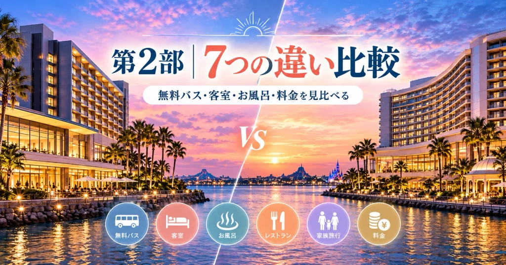 ハイアットとシェラトンの無料シャトルバス・客室・お風呂・料金など7つの違いを比較するイメージ