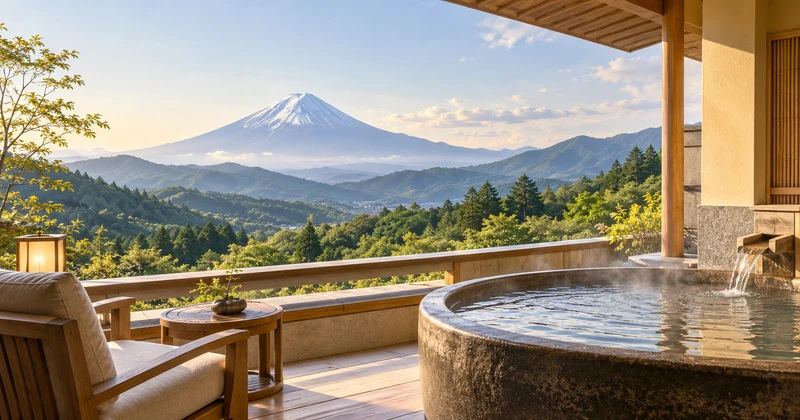 富士山と緑の山並みを望む露天風呂付きテラスのイメージ