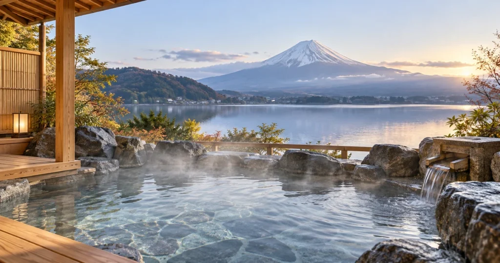 富士山と湖を望む石造りの客室露天風呂のイメージ