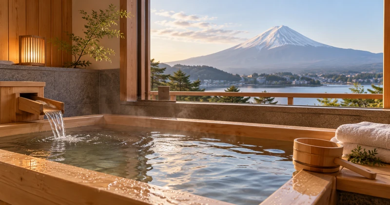 窓の向こうに富士山を望む檜の部屋風呂のイメージ