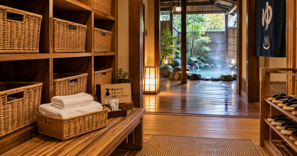 藤三旅館・白猿の湯への入り方をイメージした脱衣所とタオルの準備風景
