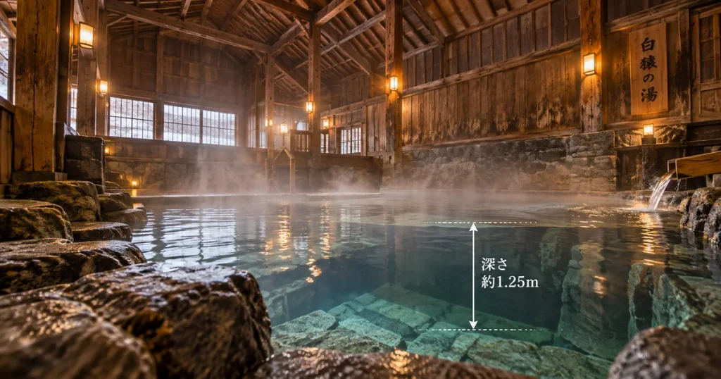 白猿の湯の平均水深約1.25mを解説する立ち湯の深さのイメージ図