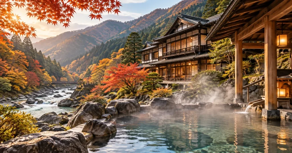 藤三旅館・白猿の湯をイメージした山あいの温泉旅館と紅葉の風景