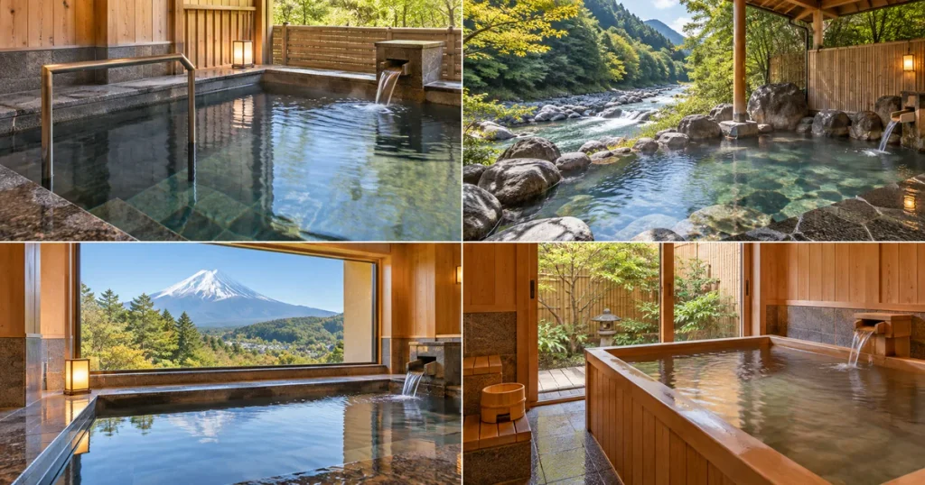 藤三旅館の白猿の湯など4つの浴場の違いを表現した比較用イメージ