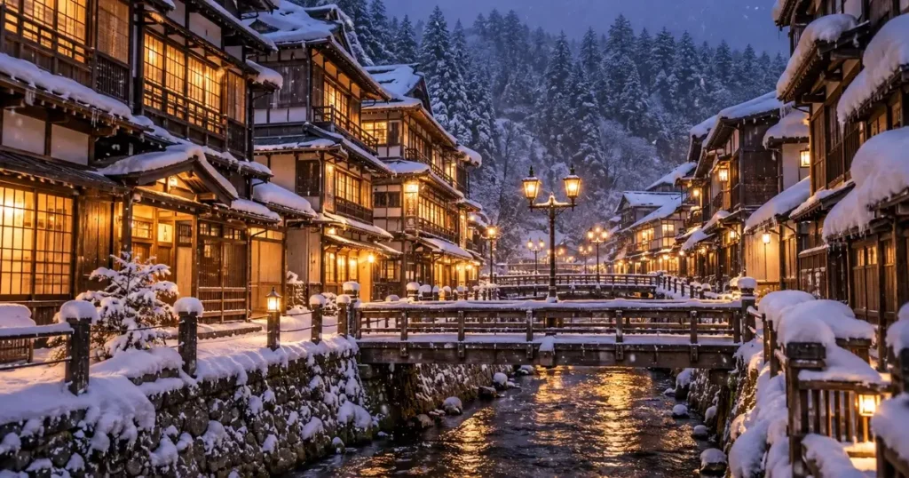 銀山温泉の旅館ランキング記事のアイキャッチ画像｜雪景色の木造旅館とガス灯が並ぶ冬の温泉街