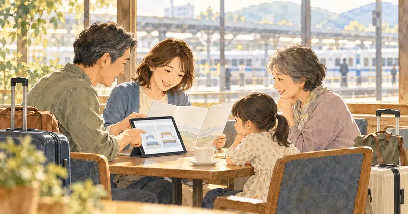 本荘ステーションホテルの部屋選びを相談する三世代家族のイメージ