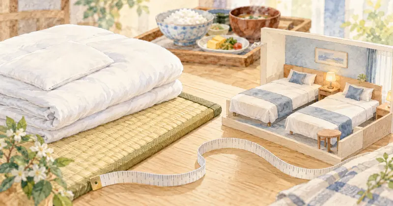 本荘ステーションホテルの部屋と寝具の違いを表す布団と二台のベッドのイラスト