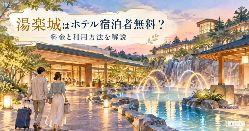 湯楽城のホテル宿泊者向け料金と利用方法を紹介する、噴水と夫婦のイメージイラスト