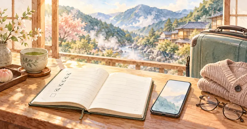 伊東園ホテルの予約前確認をイメージした、手帳と旅行かばんのイラスト