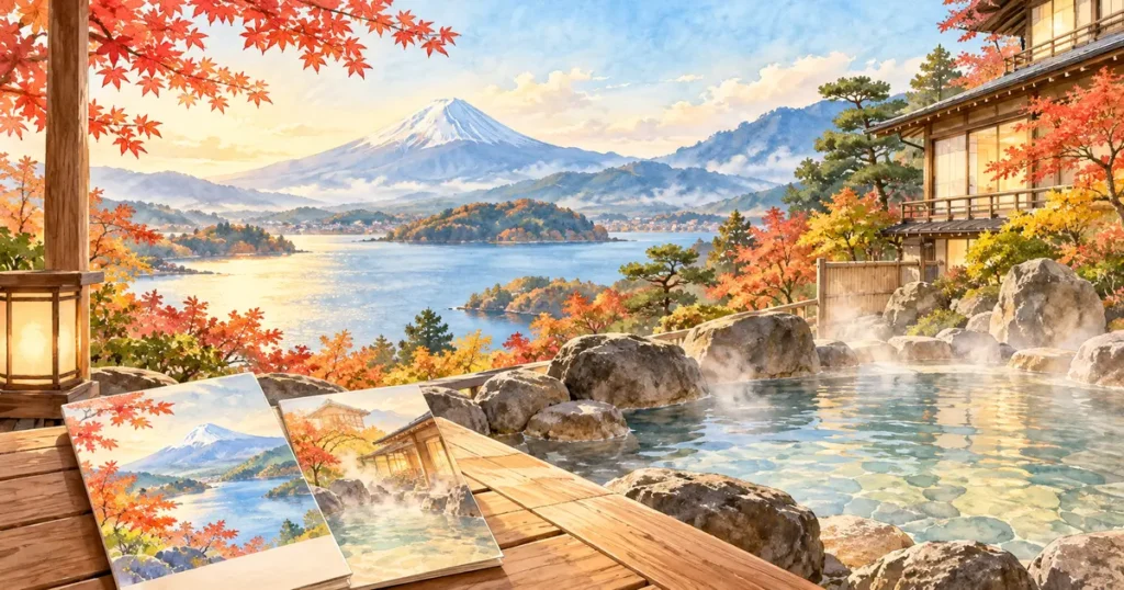 伊東園ホテルの評判が良いホテルランキングを紹介する、温泉と山並みのイメージイラスト