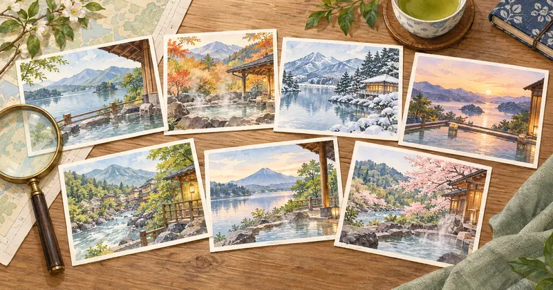 伊東園ホテルの選び方をイメージした、温泉や宿の風景が描かれた七枚のカード