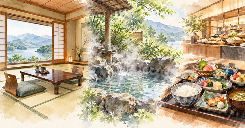 伊東園ホテルの客室・温泉・食事の違いを比較するイメージイラスト