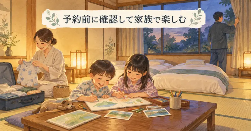 ホテルの和室で旅の思い出を描く子供と、休憩の準備をする両親のイラスト