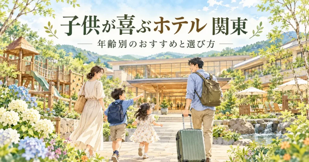 子供が喜ぶ関東のホテル選びをイメージした、リゾートへ向かう家族のイラスト