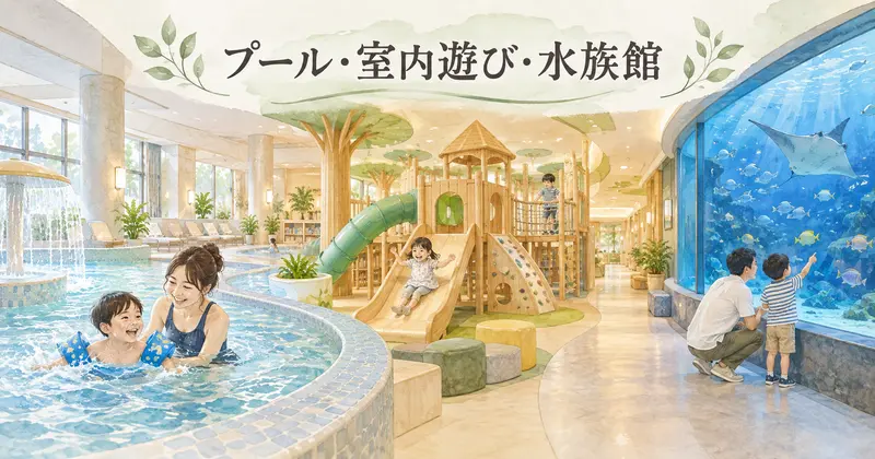 プール・室内遊具・水族館という子供が喜ぶ遊びの違いを表したイラスト