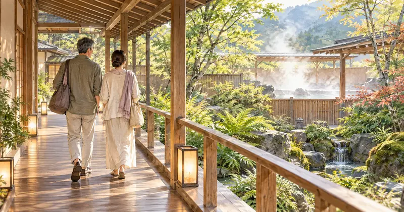 湯けむりの立つ庭を眺めながら旅館の回廊を歩く夫婦のイメージイラスト