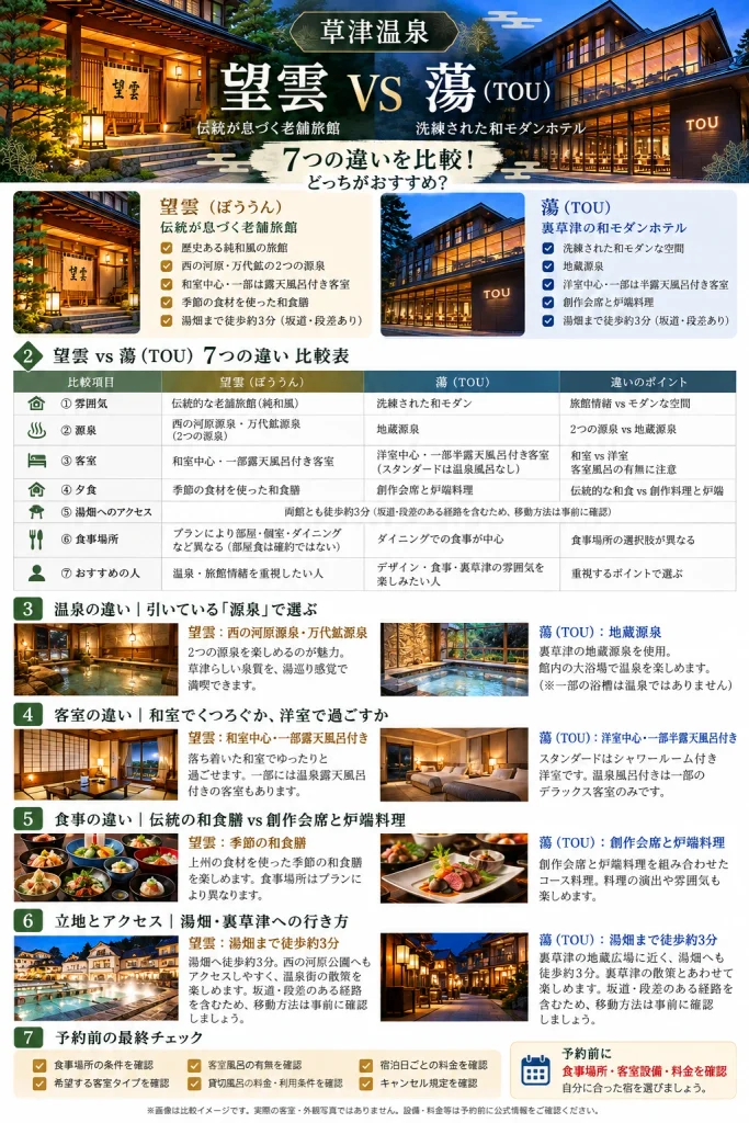 草津温泉の望雲と裏草津 蕩の違いを温泉・客室・食事・立地など7項目で比較したガイド