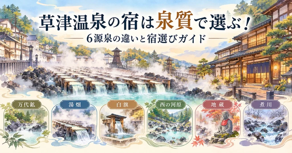 草津温泉の宿を泉質で選ぶための万代鉱・湯畑・白旗・西の河原・地蔵・煮川の6源泉比較イラスト
