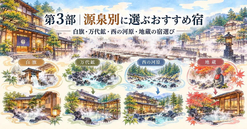 草津温泉の白旗・万代鉱・西の河原・地蔵源泉を利用する宿の選び方を示したイラスト