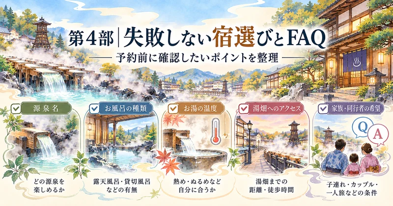 草津温泉の宿選びで源泉名・お風呂の種類・湯温・湯畑へのアクセス・同行者の希望を確認するイラスト