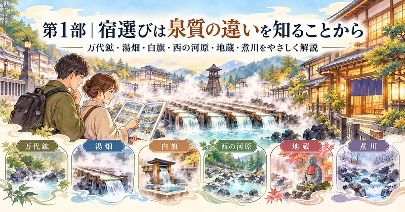 草津温泉の宿選びで泉質の違いを調べる旅行者と湯畑のイメージイラスト