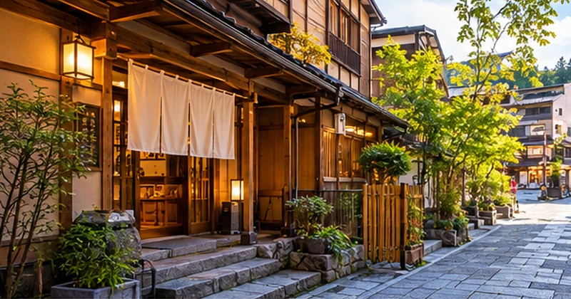 草津温泉の素泊まりにおすすめの和風旅館と石畳の温泉街のイメージ画像