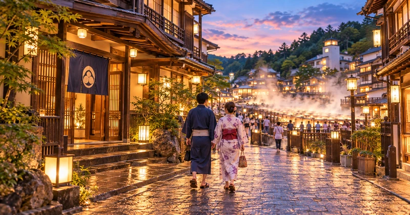 草津温泉の湯畑に近い旅館から浴衣と下駄で散策に出かける二人のイメージ