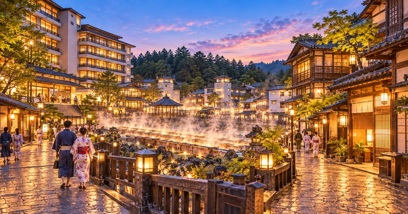 草津温泉の湯畑周辺に並ぶホテルと旅館を比較するための温泉街風景イメージ