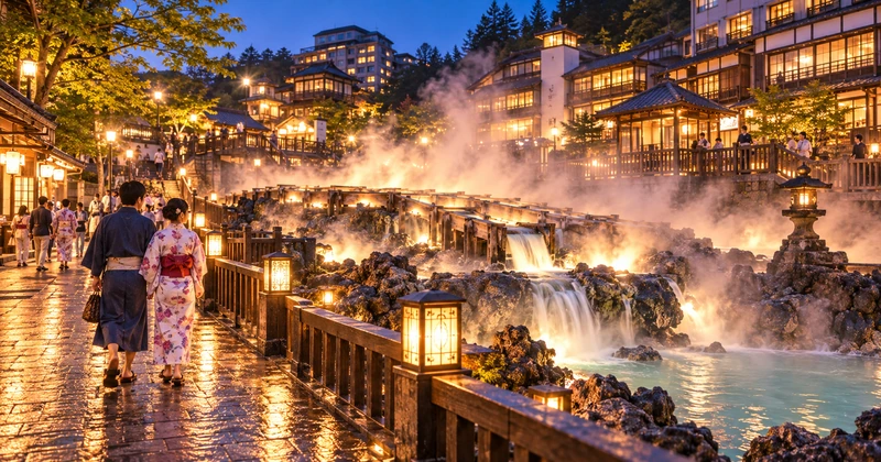 草津温泉の湯畑ライトアップを浴衣姿で楽しむカップルと夜の温泉街のイメージ