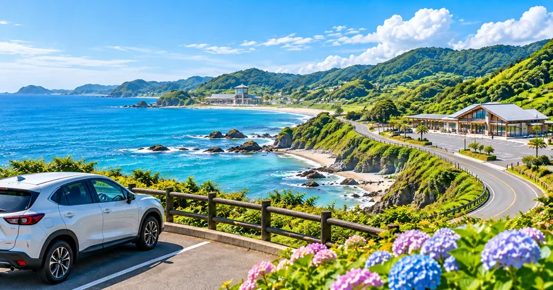 南房総の海岸線に沿うドライブ道路と立ち寄り施設を望むモデルコースのイメージ
