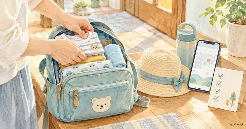予約カレンダーと確認リストを見ながら子どもの旅行荷物を準備するイメージ