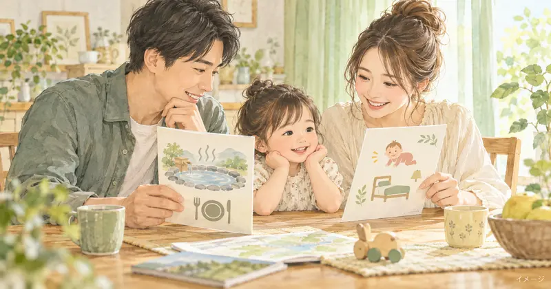 温泉や食事、子ども向け設備の案内を見ながら宿を選ぶ家族のイメージ