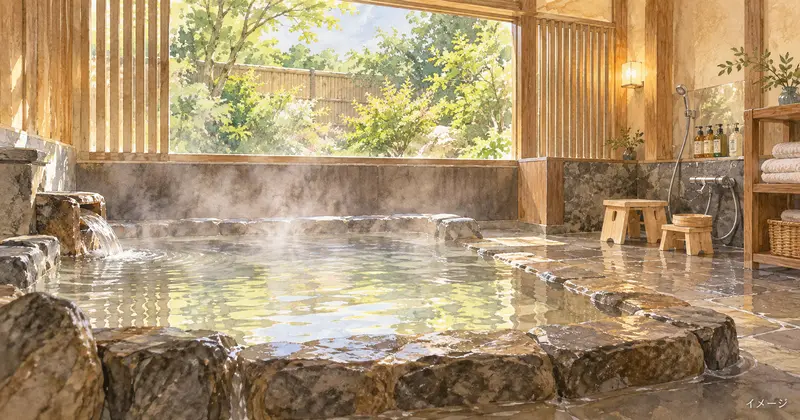 湯気が立つ石造りの湯船と大小の風呂椅子を描いた家族風呂のイメージ