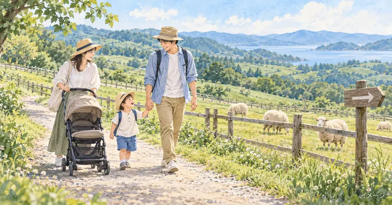 羊のいる牧場の道をベビーカーとともに歩く親子のイメージ