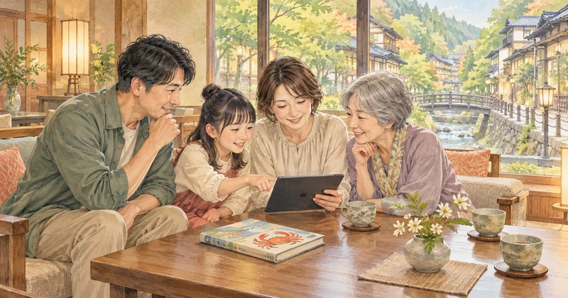 温泉宿のラウンジで旅行プランを相談する三世代家族のイメージ
