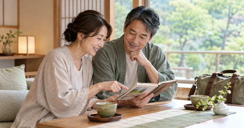 旅行バッグをそばに置き、旅の予定を確認する夫婦
