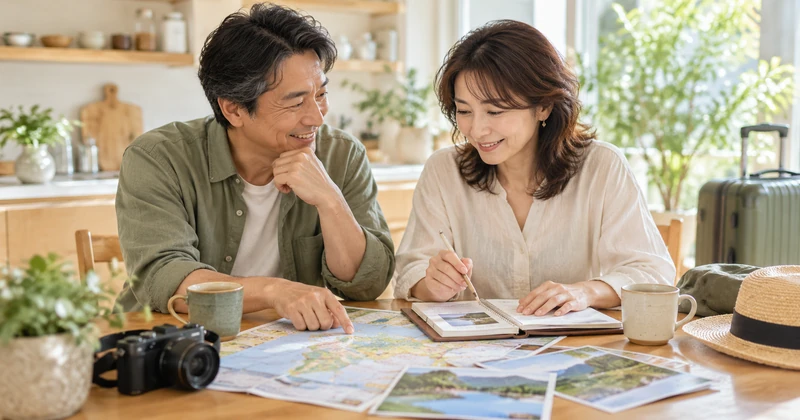 旅行ノートと地図を見ながら旅の計画を相談する夫婦