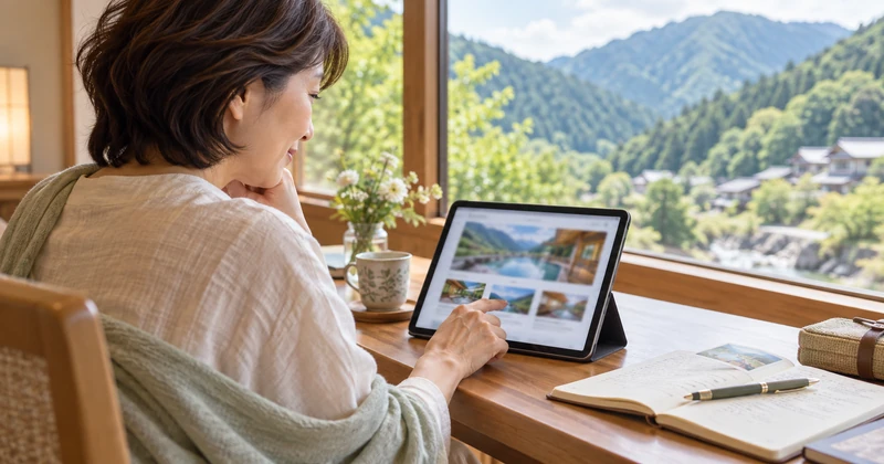 タブレットで温泉宿の情報を探す女性
