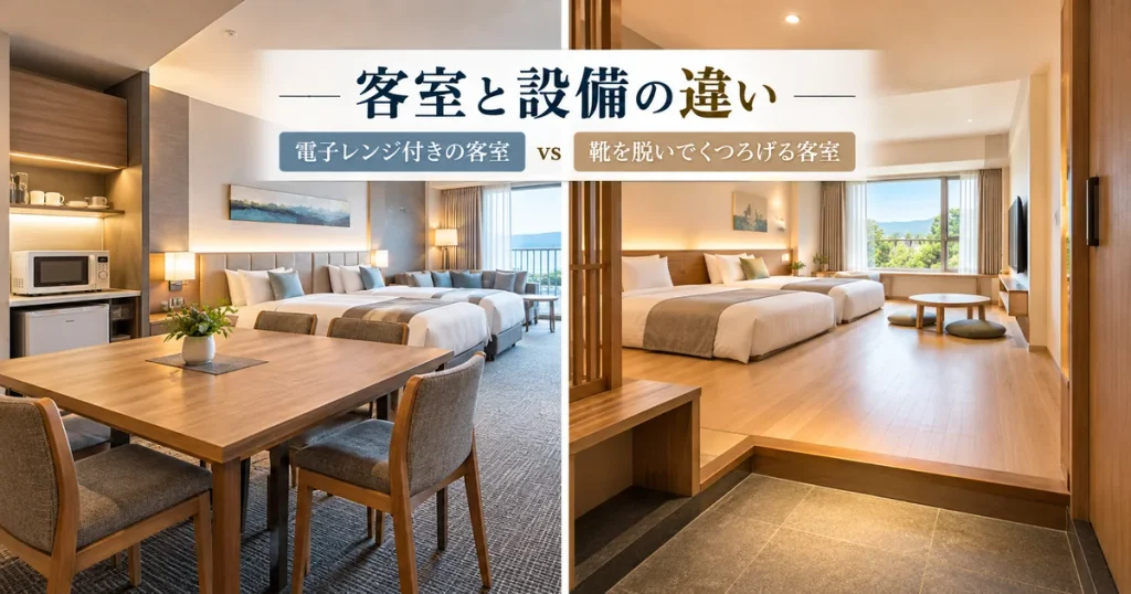 ザロイヤルパークホテル舞浜リゾート東京ベイの電子レンジとテーブル付き客室と、ホテルドリームゲート舞浜の靴を脱いでくつろげる客室を比較したイメージ画像