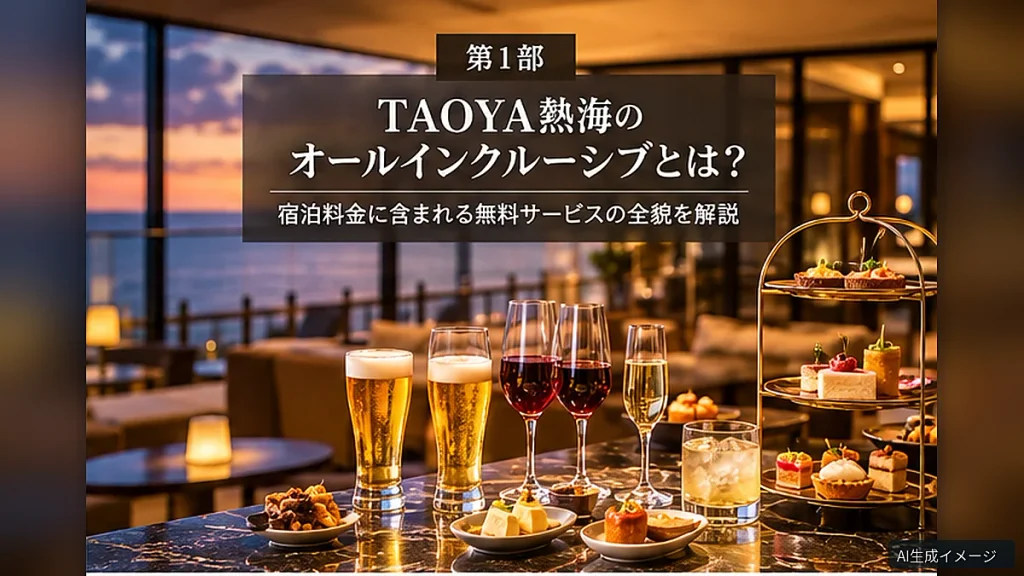 海が見えるラウンジに並ぶ生ビール・ワイン・スイーツで、オールインクルーシブを表現したイメージ画像