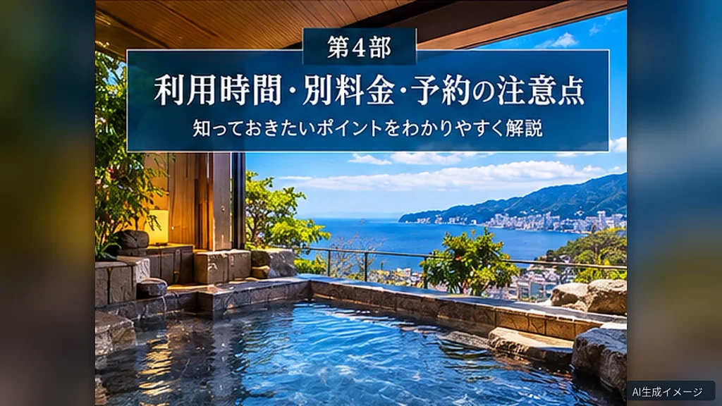 海を望む露天風呂を背景に、サービス提供時間・別料金・予約時の注意点を紹介するイメージ画像