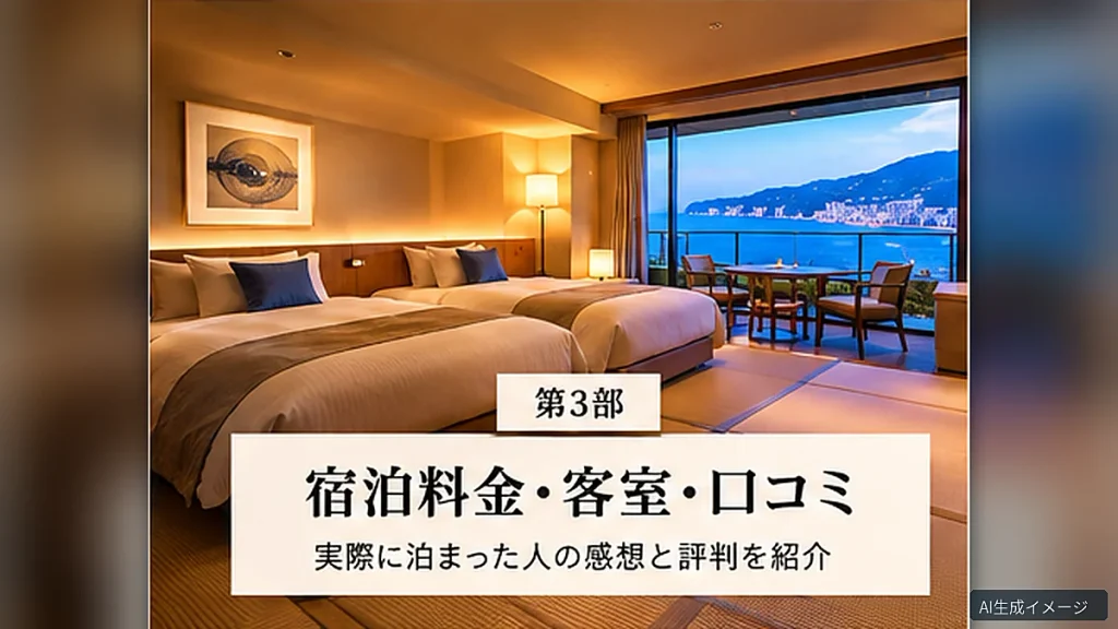 海が見える客室を背景にTAOYA熱海の宿泊料金や口コミを案内するイメージ画像