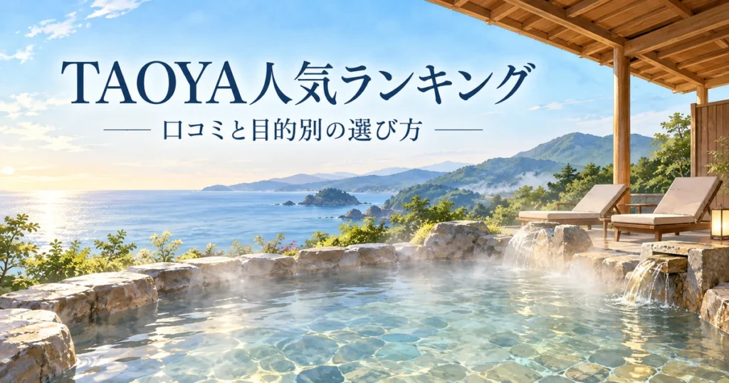 海を望む露天風呂と「TAOYA人気ランキング」の文字を描いたイメージイラスト