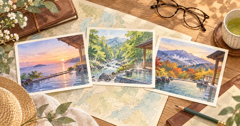 海・川・山の温泉風景を描いたカードを並べて宿を比較するイメージ