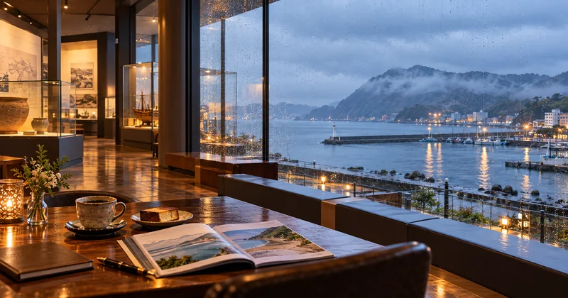 雨の館山の海辺を眺める屋内カフェで観光先を考える大人旅のイメージ