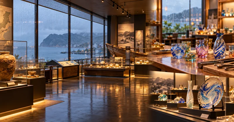 館山の雨の日観光をイメージした博物館の展示とガラス工芸作品