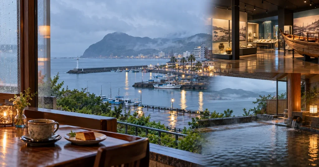 雨の館山の海辺と博物館・温泉・カフェを組み合わせた大人向け観光のイメージ